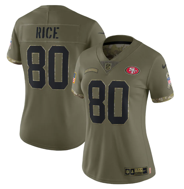 Women's San Francisco 49ers #80 Jerry Rice Olive 2022 Salute To Service Limited Stitched Jersey(Run Small)